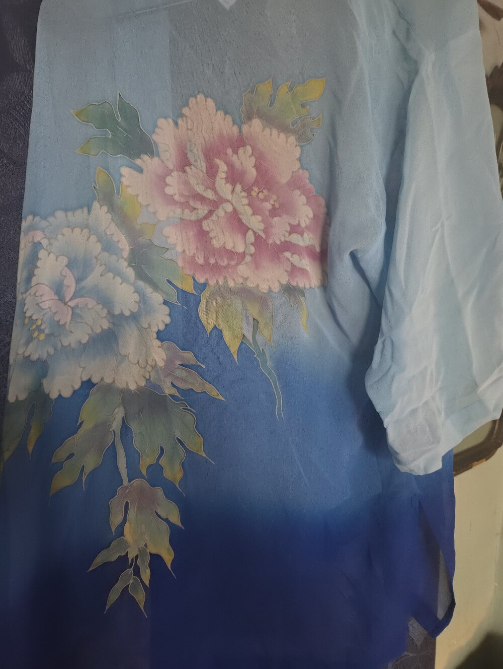 Womens Vintage SilkBlue Floral Ombre Kimono with Pink Peony Print